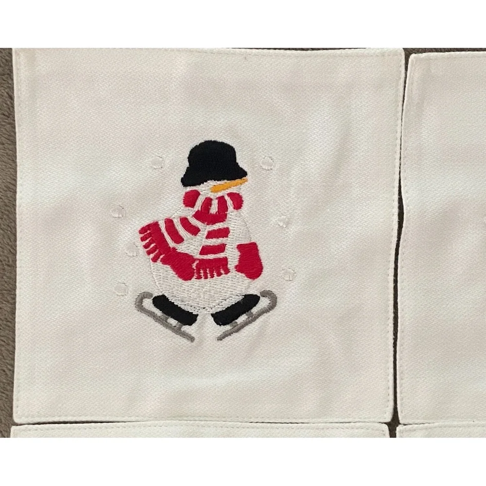 Crate & Barrel ~ 8 Embroidered Christmas Skating Snowman Cotton Coasters ~ New
